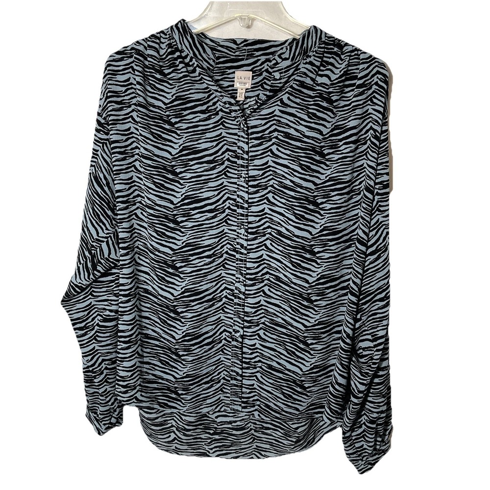 REBECCA TAYLOR La Vie Zebra Animal Print Blouse M Black Blue Long Sleeve